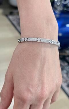 Silver Tone Designer Cloverleaf CZ Bangle Bracelet Dainty Sparkle Cuff
